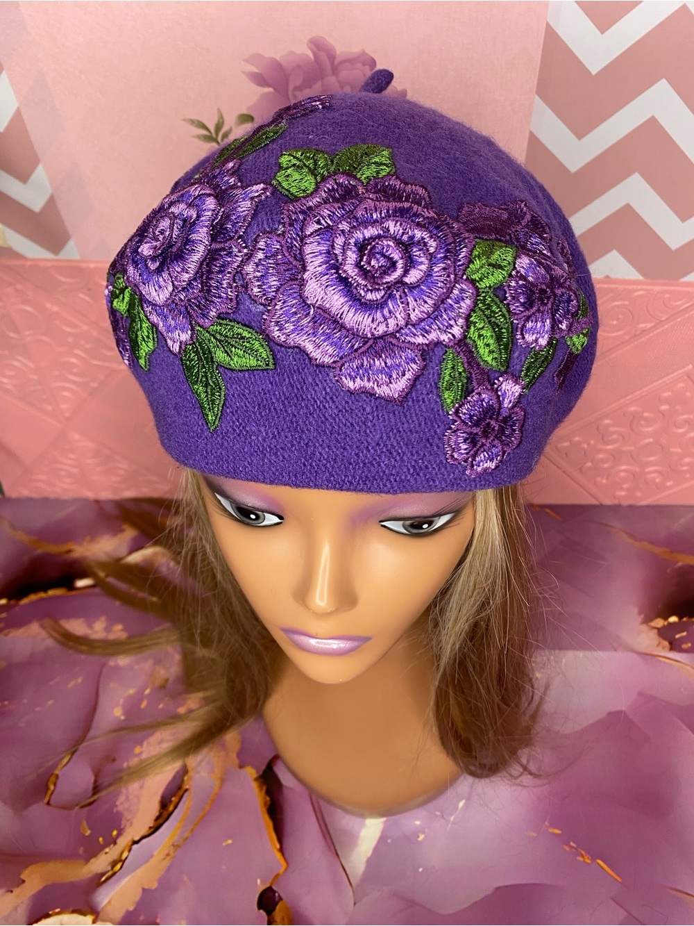 ๐๐ท Purple Floral Embroidered Wool Feel Beret ๐ท๐ NWT - Picture 5 of 10
